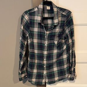 J. Crew Women's Green and Navy Plaid Button-Down Shirt